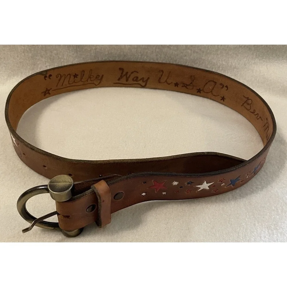 Tooled Leather Belt Red White & Blue Stars Western Cowgirl Brown Vtg 27-31.5